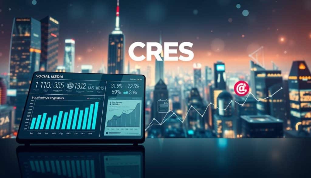 Detailed infographic showcasing social media marketing statistics, set against a backdrop of a digital cityscape with skyscrapers, data networks, and glowing screens. In the foreground, a sleek dashboard display charts and graphs illustrating key metrics such as user growth, engagement rates, and return on investment. The middle ground features abstract data visualizations, with flowing lines and geometric shapes. In the background, the CRES logo stands prominently, subtle yet impactful. Elegant lighting and depth of field create a professional, high-tech atmosphere.