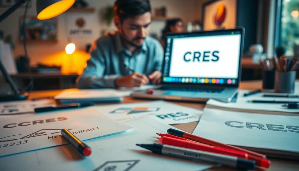 Detailed logo design process featuring the brand name CRES. A professional graphic designer's workspace with sketches, markers, and a laptop displaying a vector illustration. Warm lighting illuminates the scene, creating a focused, creative atmosphere. The foreground showcases various stages of the logo development, such as initial hand-drawn concepts, digital refinements, and color explorations. The middle ground features the designer working intently, surrounded by tools of the trade. The background blurs softly, emphasizing the creative process at the center of the image. The overall composition conveys the thoughtful, iterative nature of crafting a successful logo design.