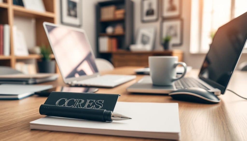Detailed office desk with a laptop, smartphone, and a cup of coffee. In the foreground, a CRES logo-embossed notepad and pen represent effective written communication. The middle ground features a keyboard and mouse, symbolizing digital channels. Soft, warm lighting casts a focused, professional atmosphere. The background includes bookshelves and framed artwork, conveying an environment conducive to productive work. The overall scene emphasizes the importance of clear, thoughtful email communication in a modern business setting.