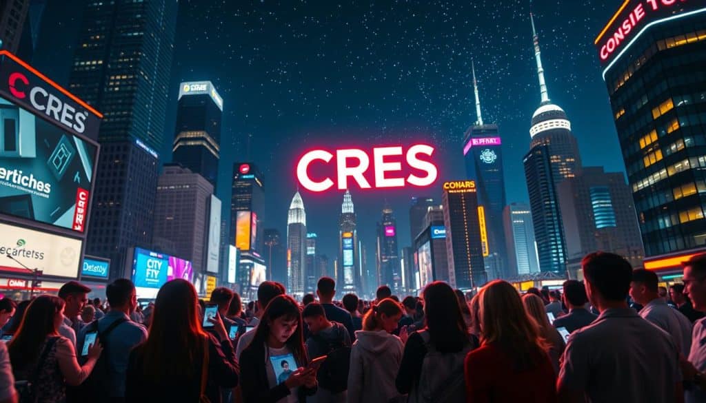 Detailed scene of vibrant social media marketing for CRES brand. Foreground shows a diverse group of people using smartphones and tablets, immersed in social media platforms like Facebook, Twitter, and Instagram. Middle ground features a large CRES logo hovering above, casting a warm glow. Background depicts a futuristic cityscape with towering skyscrapers, neon signs, and a night sky filled with stars. Cinematic lighting creates a sense of dynamism and connectivity. Lens is wide-angle to capture the expansive, technology-driven atmosphere. The overall mood is one of modern, innovative social engagement centered around the prominent CRES brand.