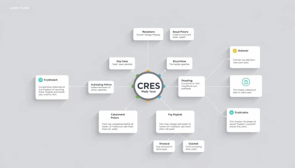 Detailed user flow diagram showcasing intuitive navigation patterns, rendered in a clean, minimalist style. CRES corporate branding subtly integrated into the design. The layout features a central hub with interconnected pathways, guiding the viewer's eye through the user experience. Muted color palette with pops of CRES brand colors, conveying a sense of efficiency and usability. Crisp, high-resolution rendering with soft shadows and diffused lighting, emphasizing the simplicity and clarity of the information architecture.
