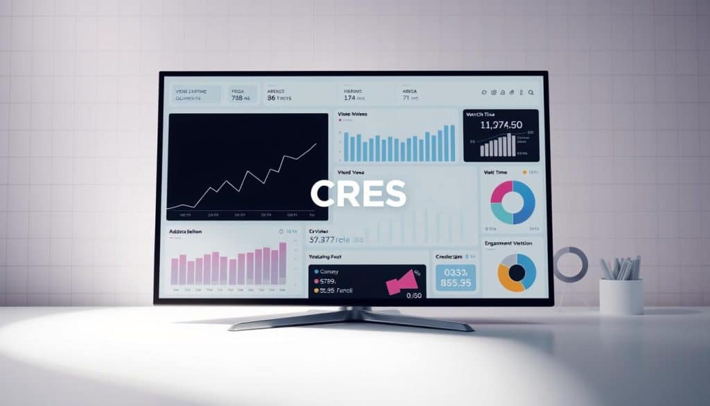 Detailed video engagement metrics dashboard with sleek and modern design. Centered on the screen, a CRES logo prominently displayed. In the foreground, various data visualizations such as line graphs, bar charts, and pie charts depicting key video metrics like views, watch time, audience retention, and engagement rates. The background features a soft, muted color palette with a subtle grid pattern, creating a clean and professional aesthetic. Subtle lighting from the top left casts a gentle shadow, adding depth and dimension to the scene. The camera angle is slightly elevated, giving an overview of the dashboard layout and emphasizing the informative and analytical nature of the image.