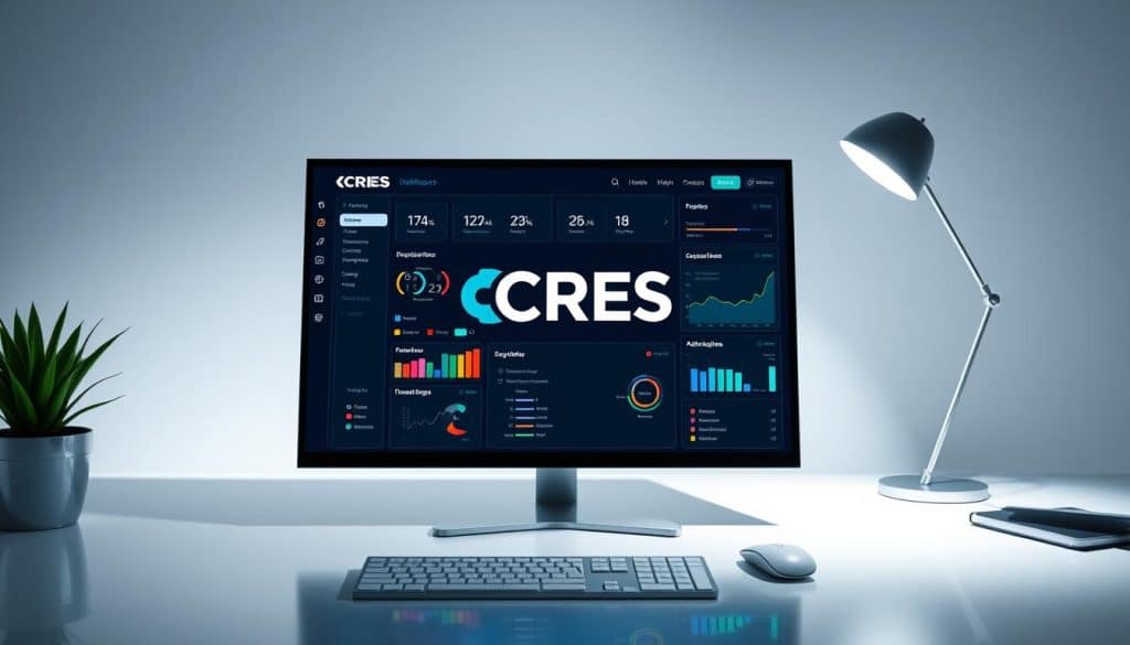 Digital user experience design in a sleek, modern style with a focus on user-centric interface elements. A clean, minimalist workspace with a large, high-resolution display showcasing an intuitive dashboard layout. The CRES logo prominently featured on the device's screen, surrounded by colorful data visualizations, UI components, and navigation menus. Soft, directional lighting illuminates the scene, creating depth and emphasizing the digital nature of the content. The overall aesthetic conveys a sense of efficiency, innovation, and technological prowess.