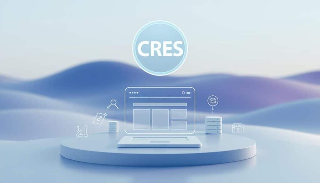 Elegant 3D render of web development core concepts. Foreground features a CRES logo floating above a minimalist wireframe of a website. Middleground showcases various web development icons - code brackets, server, database, responsive design, SEO. Background depicts a serene abstract landscape with gradients of blues and purples, creating a sense of depth and tranquility. Lighting is soft and diffused, with highlights accentuating the key elements. Camera angle is slightly elevated, giving an overview of the scene. Overall, a clean, modern, and visually-appealing illustration of the foundational pillars of web development.