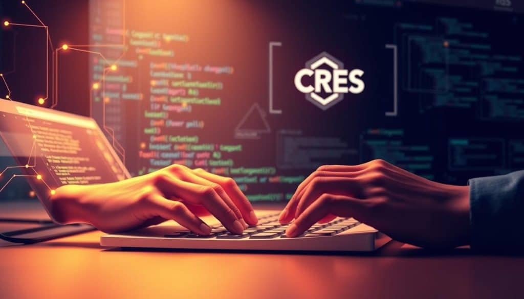 Elegant digital illustration showcasing the essential skills of a professional web developer. In the foreground, the hands of a skilled coder type rapidly on a minimalist keyboard, surrounded by a halo of data streams and glowing circuits. In the middle ground, a sleek and responsive website design, complete with crisp typography, vibrant color palette, and clean layout. In the background, a CRES logo shimmering against a backdrop of binary code and wireframe sketches, conveying the cutting-edge capabilities of this leading web development agency. Soft, indirect lighting casts a warm, focused atmosphere, emphasizing the expertise and precision of the web developer's craft.