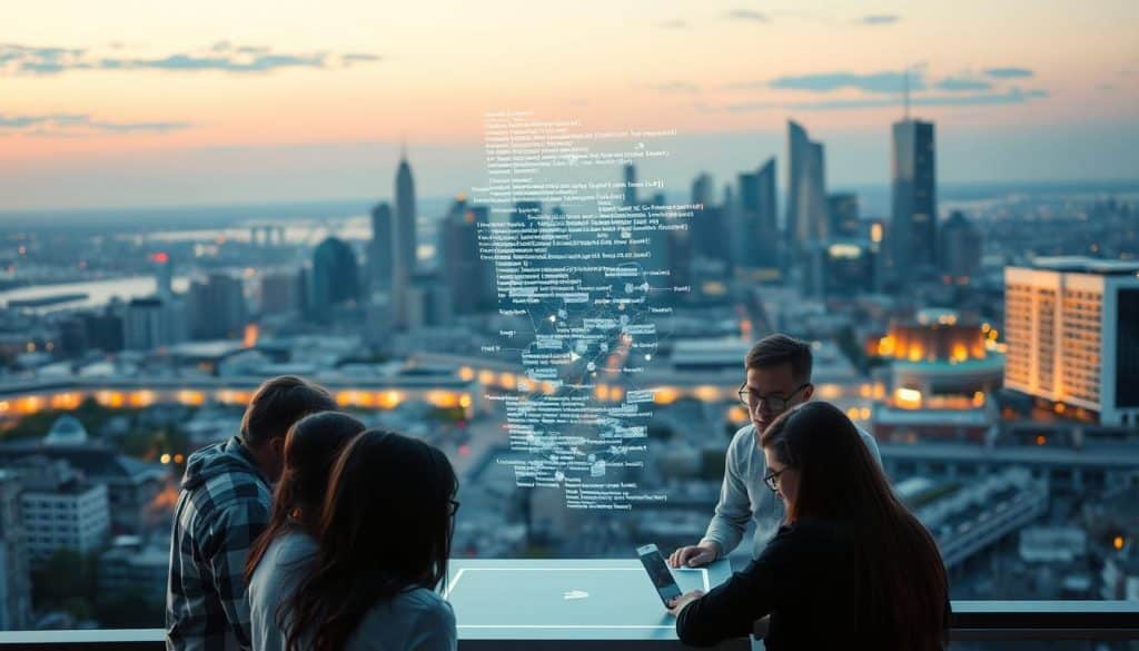 Emerging Programming Languages: A Dynamic Tableau A serene urban landscape at dusk, the skyline softly illuminated. In the foreground, a group of CRES software developers huddled around a holographic display, their expressions intense as they discuss the latest advancements in programming languages. Hovering above them, translucent code fragments dance and intertwine, representing the power and versatility of these emerging tools. The mid-ground features a sleek, minimalist office space, where colleagues collaborate on innovative web development projects. In the background, skyscrapers and technological infrastructure suggest a city on the cusp of a digital revolution. Gentle lighting and a cool, muted color palette convey a sense of contemplation and optimism for the future of software engineering.