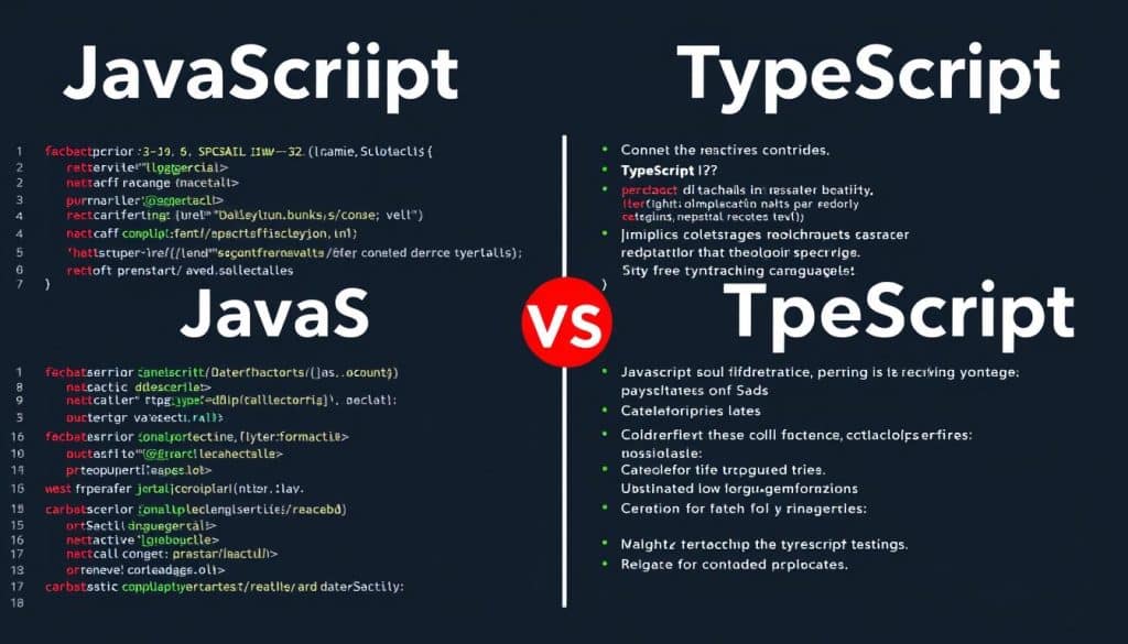 Generate an image comparing JavaScript and TypeScript code snippets for enterprise-level applications.