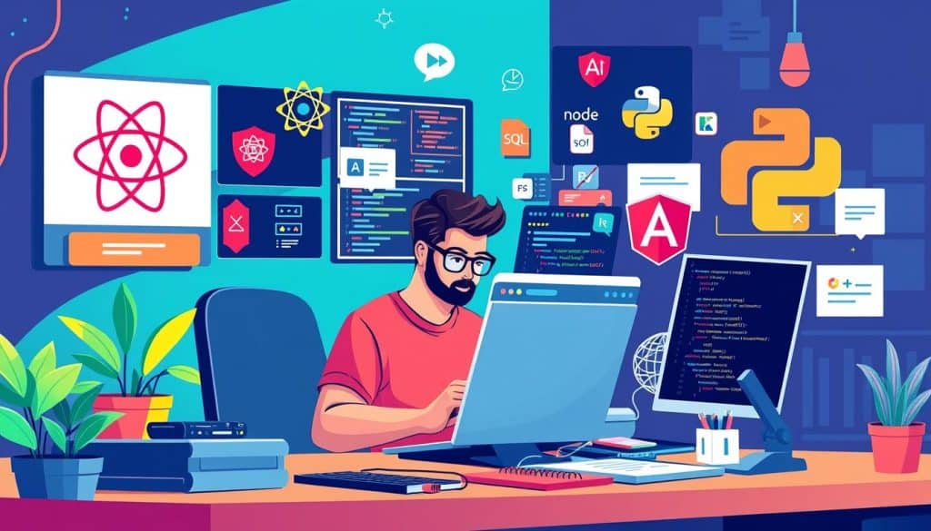 Generate an image depicting a developer coding with different frameworks and technologies.