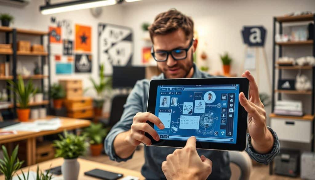 Generate an image depicting a graphic designer using an AR tool on a tablet.