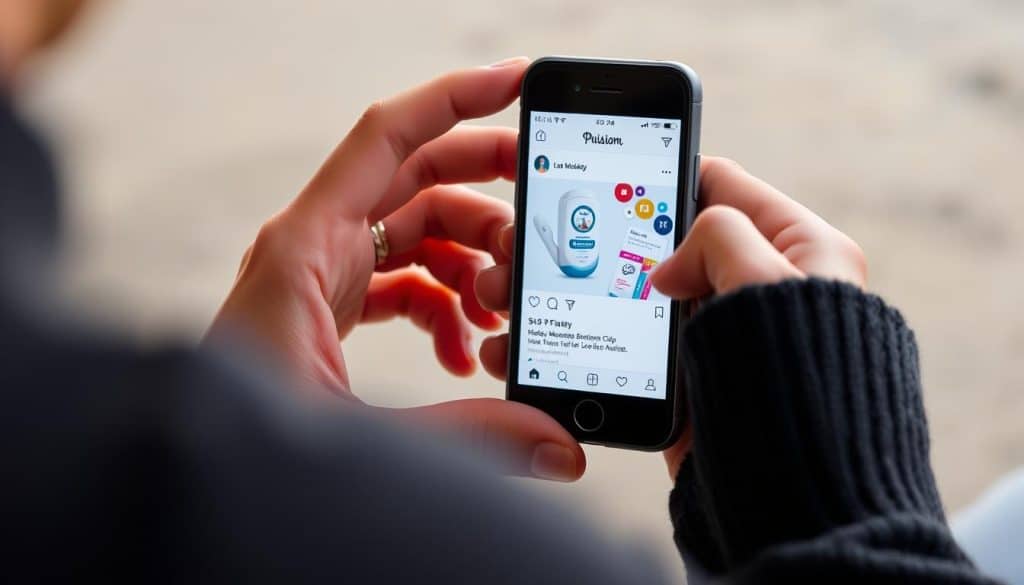 Generate an image depicting a person engaging with a brand's social media ad on their mobile device.