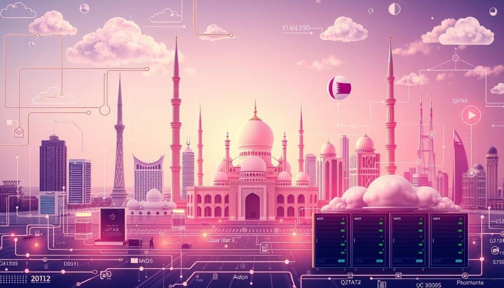 Generate an image depicting cloud infrastructure supporting web applications in Qatar.