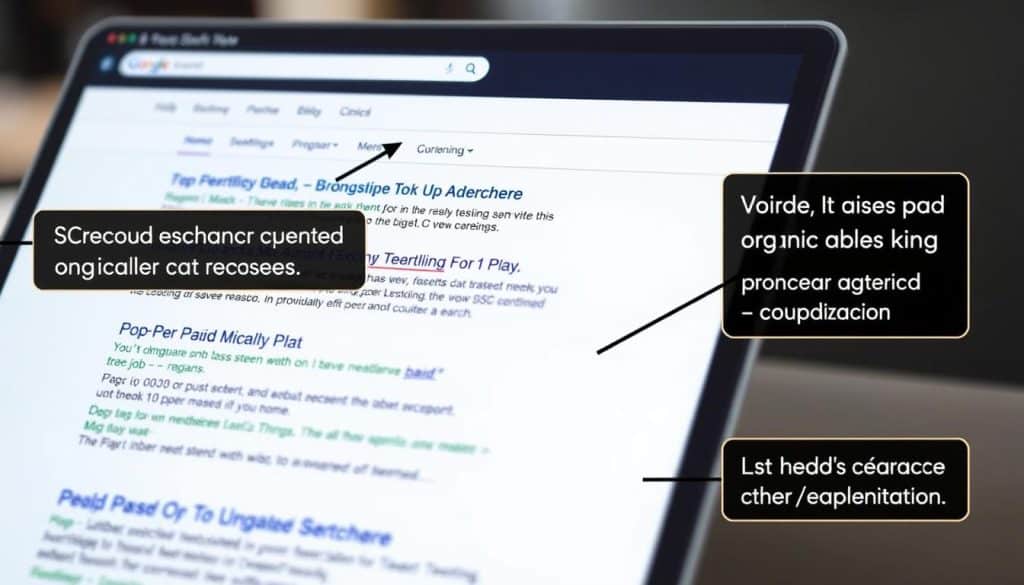 Generate an image illustrating PPC, such as a search engine results page with paid ads. Generate an image illustrating PPC, such as a search engine results page with paid ads.