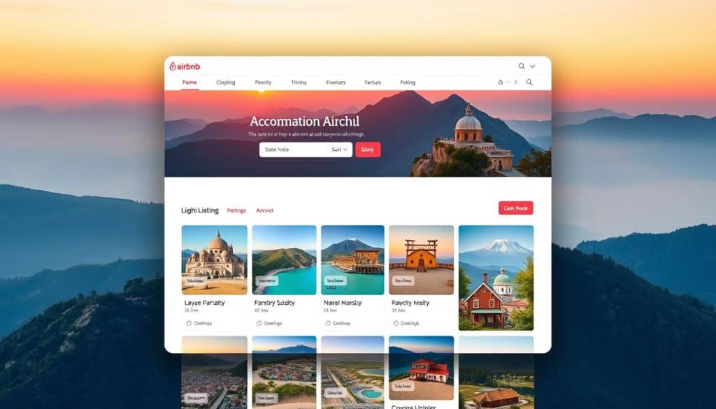Generate an image of Airbnb's accommodation platform homepage showcasing a variety of listings with high-quality images and a user-friendly interface.