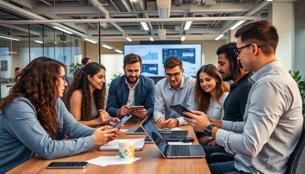 Generate an image of Digital Links Pro's team working on a social media campaign