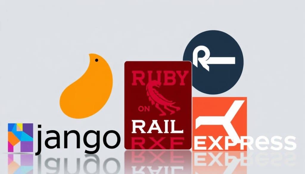 Generate an image of Django, Ruby on Rails, and Express logos