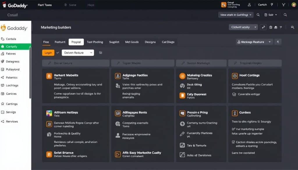 Generate an image of GoDaddy's website builder dashboard showcasing its marketing features.