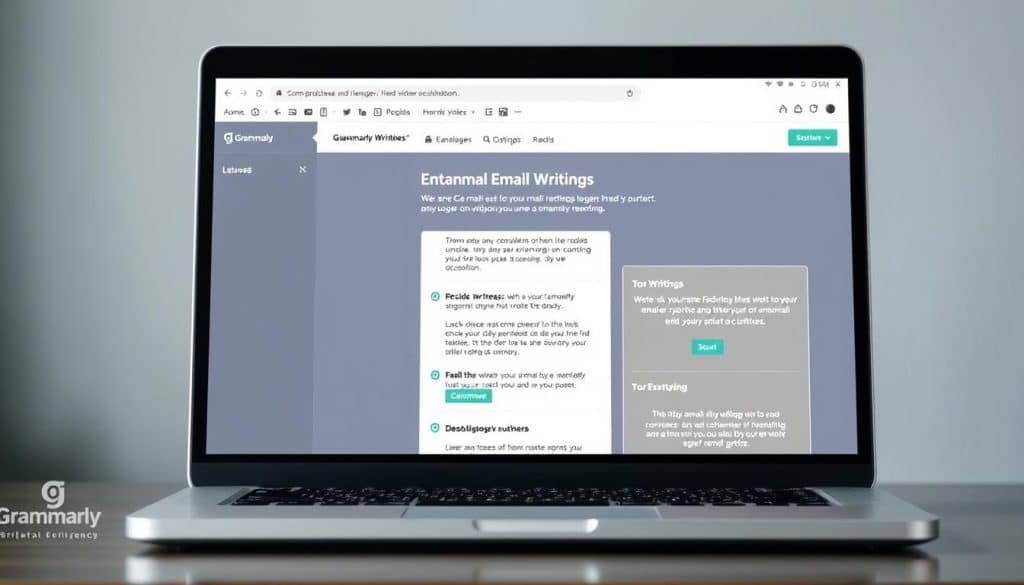 Generate an image of Grammarly's interface on a laptop screen, highlighting its email writing features.