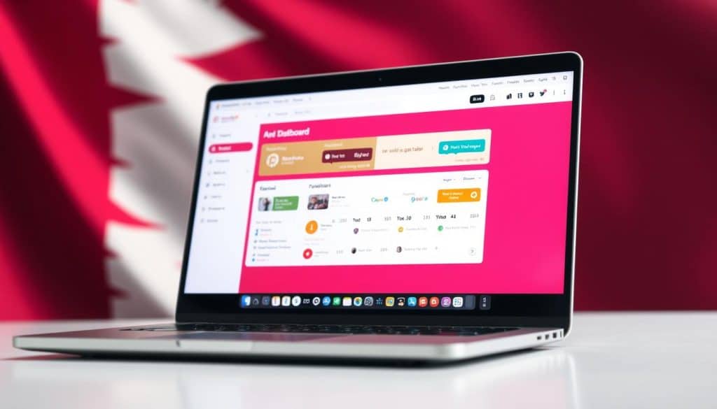 Generate an image of Hootsuite's dashboard on a laptop screen, with a Qatari flag in the background.