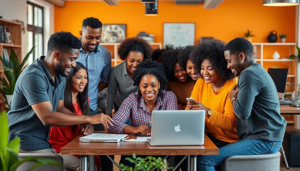 Generate an image of Influicity's team working on a campaign with diverse clients and influencers.
