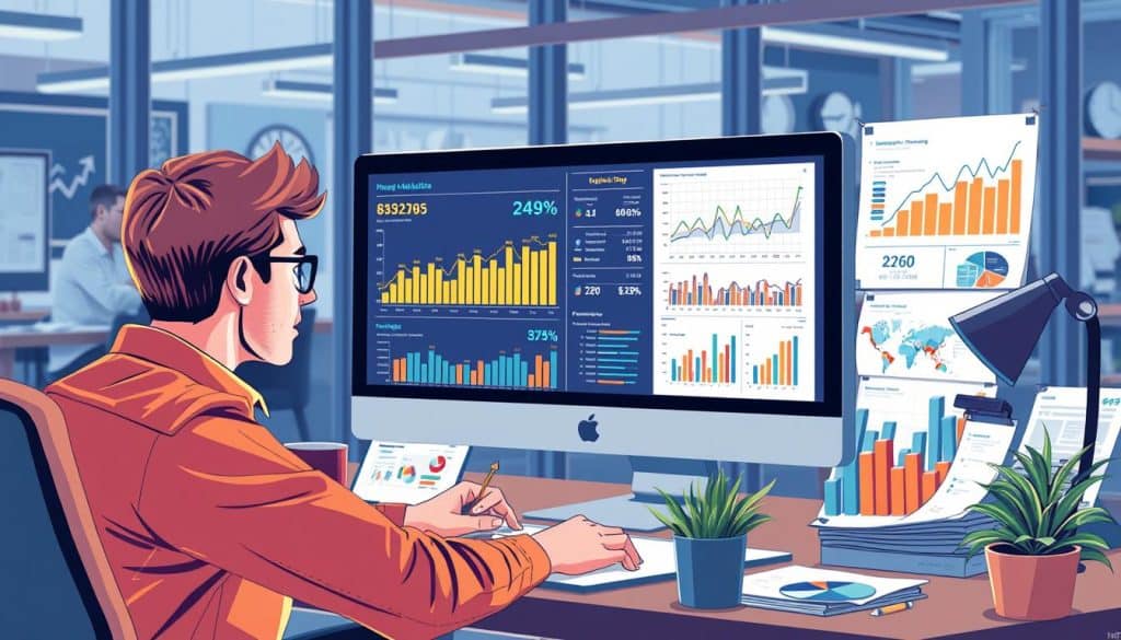 Generate an image of a B2B marketer analyzing PPC campaign data on a computer screen.