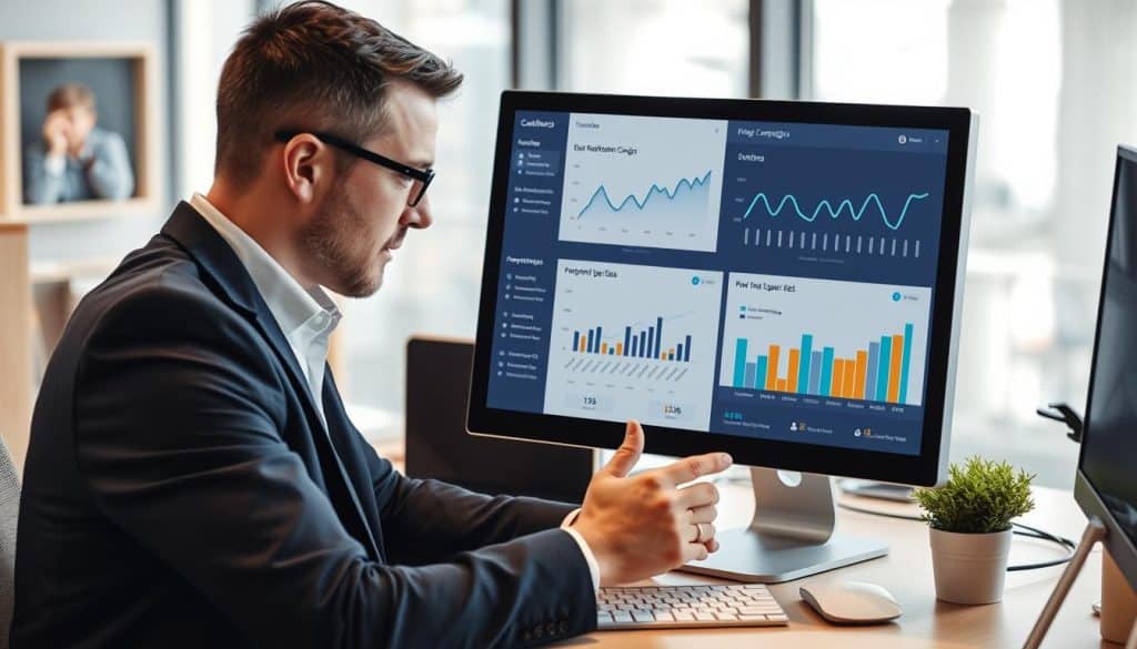 Generate an image of a B2B marketer analyzing email campaign metrics on a dashboard.