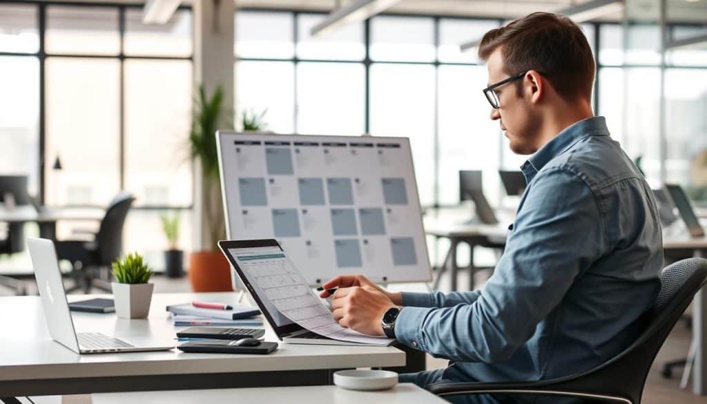 Generate an image of a B2B marketer creating a content calendar.
