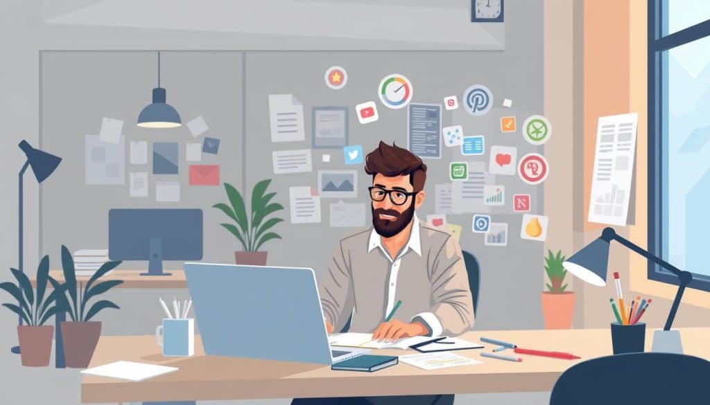 Generate an image of a B2B marketer creating a social media strategy