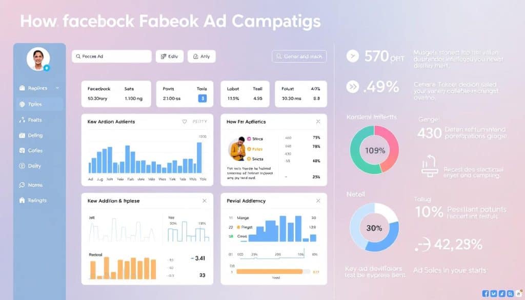 Generate an image of a Facebook ad campaign dashboard showing targeted audience demographics and ad performance metrics.