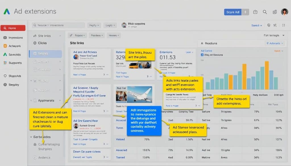 Generate an image of a Google Ads dashboard with various ad extensions enabled. Generate an image of a Google Ads dashboard with various ad extensions enabled.