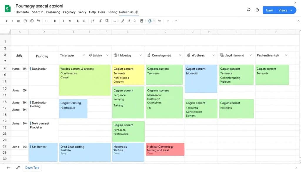 Generate an image of a Google Sheets template for a content calendar.