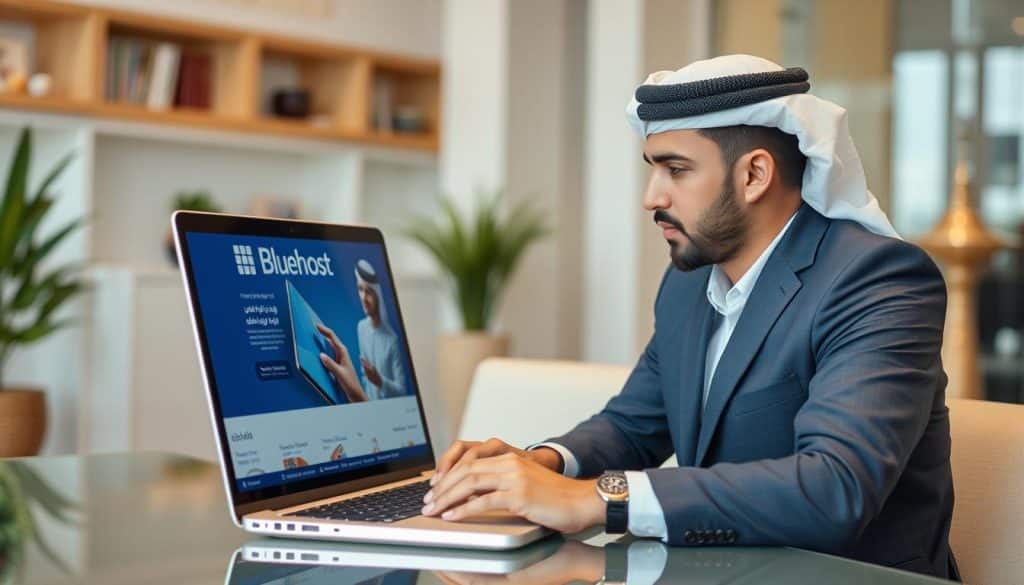 Generate an image of a Qatar business professional using a laptop with a Bluehost website on the screen.