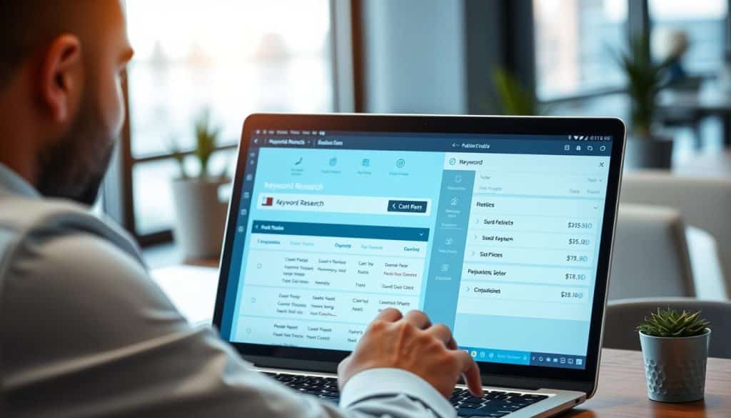 Generate an image of a Qatar business professional using a laptop with keyword research tools on the screen.