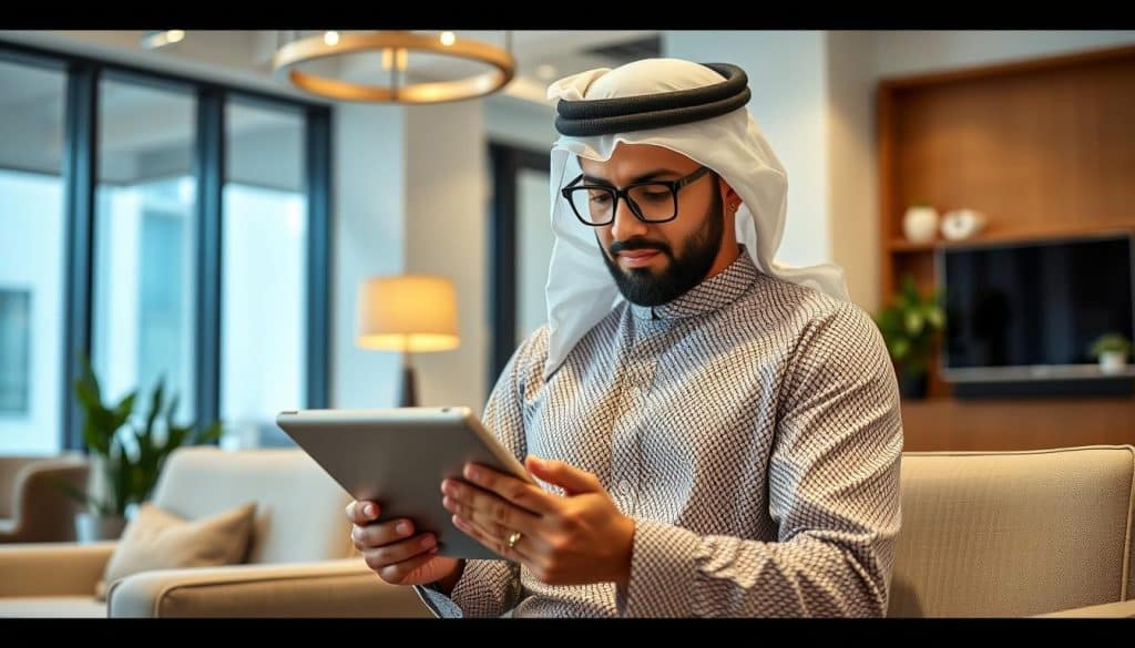 Generate an image of a Qatari business owner analyzing local SEO metrics on a tablet.
