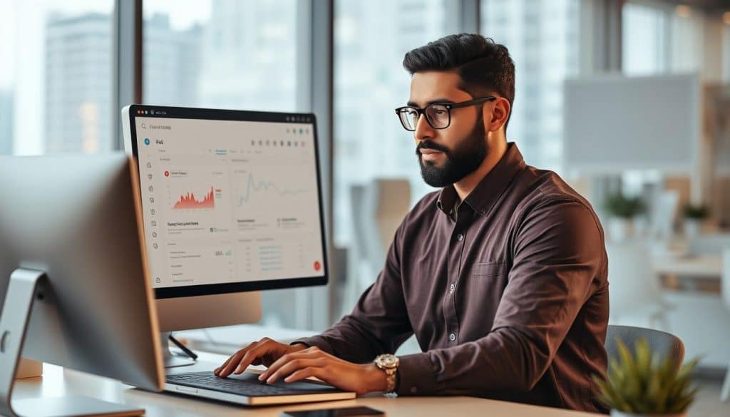 Generate an image of a Qatari business owner optimizing their website for local search queries.