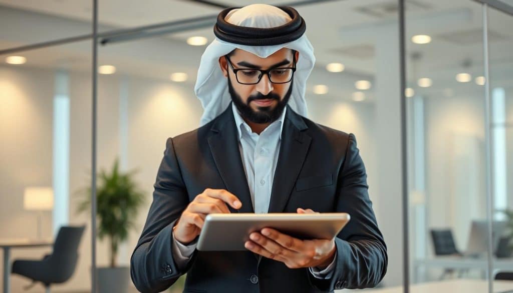 Generate an image of a Qatari business professional analyzing social media advertising metrics on a digital tablet.