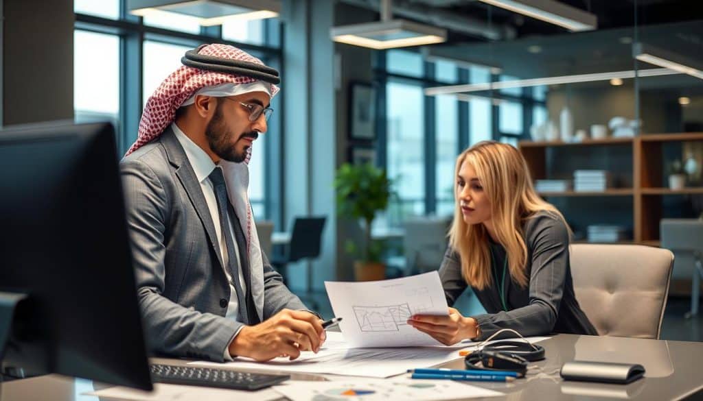 Generate an image of a Qatari business professional collaborating with a graphic designer in a modern office setting.