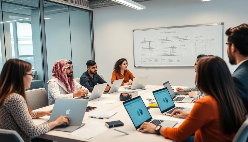 Generate an image of a Qatari business professional meeting with a web development team