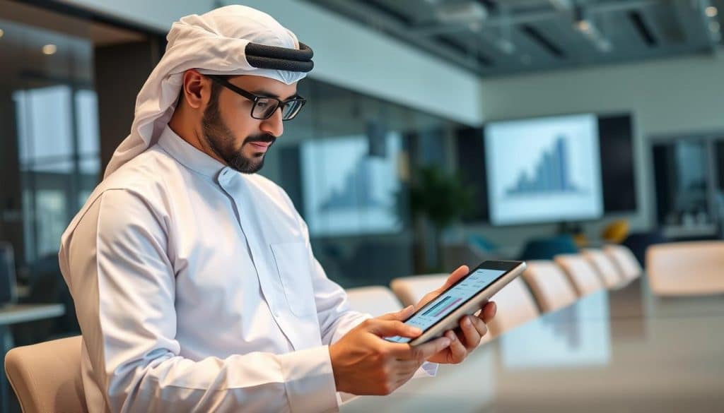 Generate an image of a Qatari businessman analyzing social media ad performance on a tablet.