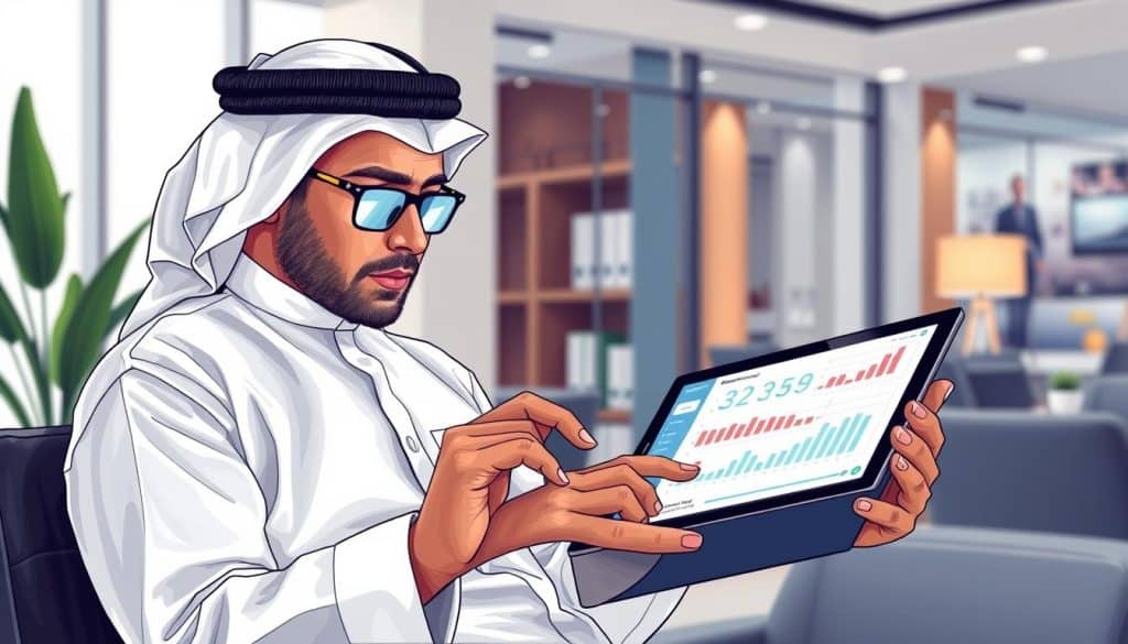 Generate an image of a Qatari businessman analyzing social media advertising metrics on a tablet.
