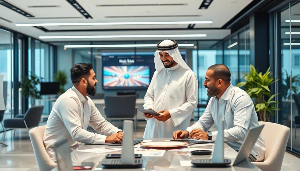Generate an image of a Qatari businessman collaborating with web developers in a modern office.