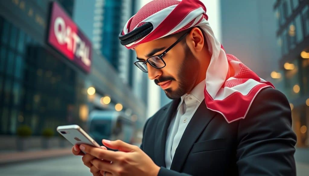 Generate an image of a Qatari businessman using a PWA on his smartphone