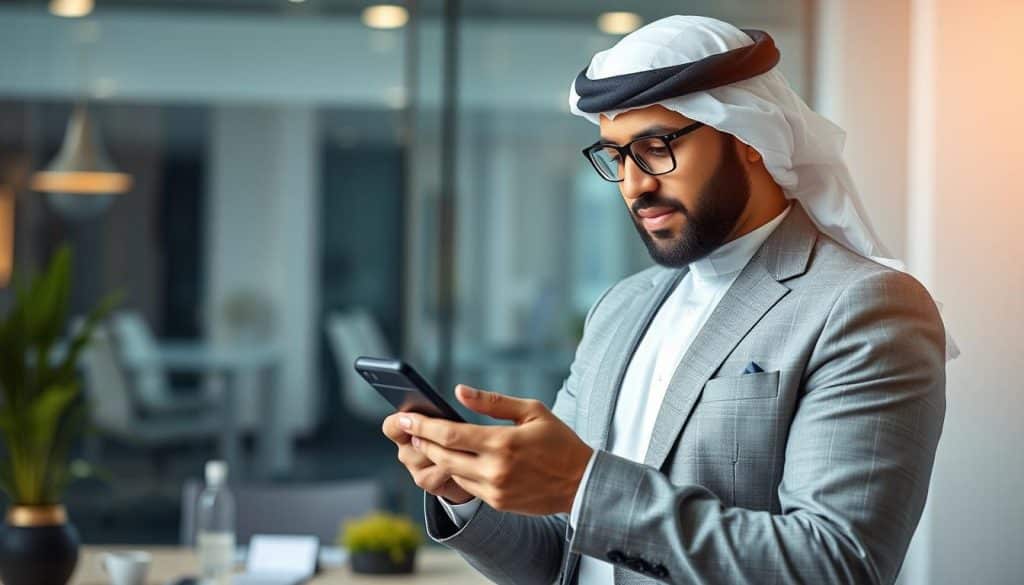 Generate an image of a Qatari businessman using a smartphone to access social media.