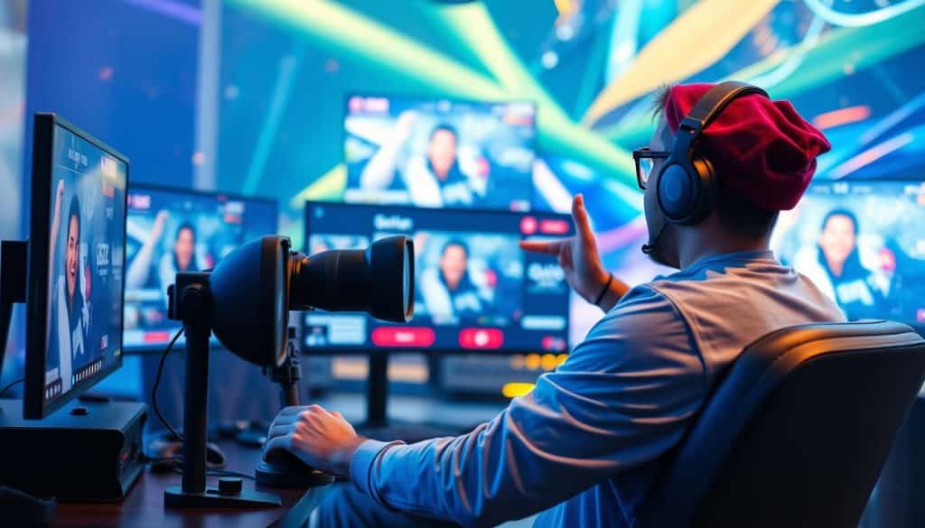 Generate an image of a Qatari gamer streaming on a popular platform.