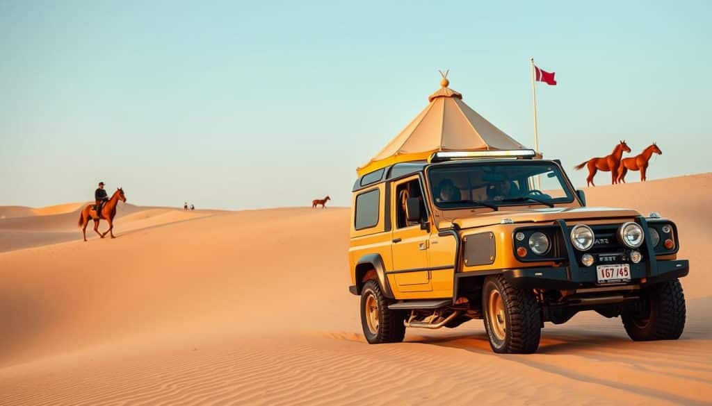 Generate an image of a Qatari influencer capturing a luxurious desert safari experience.