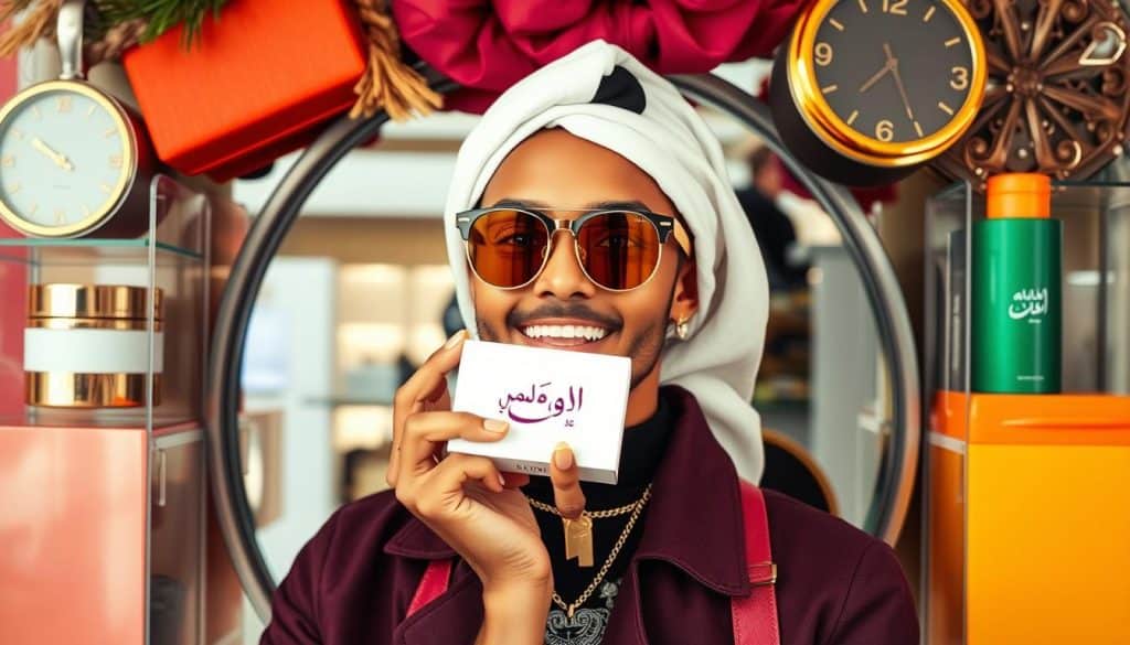 Generate an image of a Qatari influencer promoting a brand