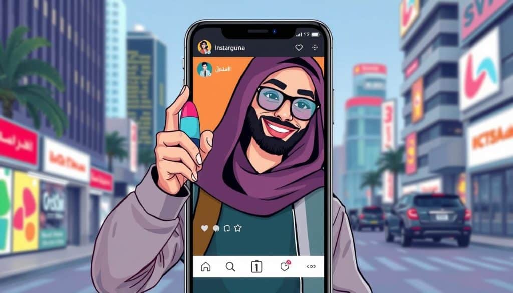 Generate an image of a Qatari influencer promoting a brand on Instagram