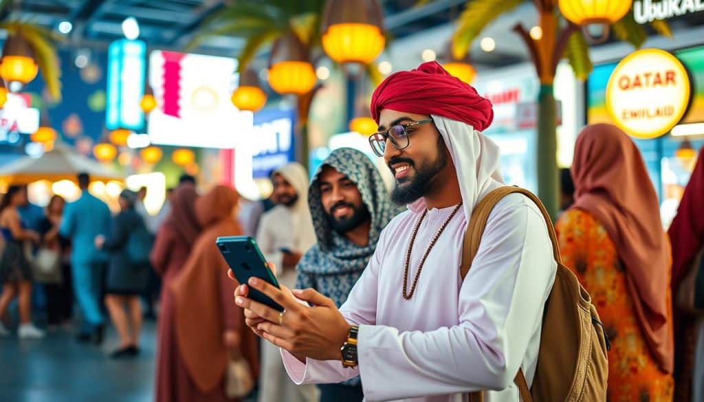 Generate an image of a Qatari influencer promoting a local brand on social media.