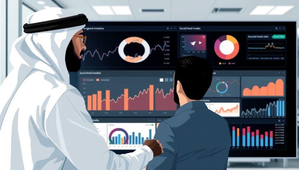 Generate an image of a Qatari marketer analyzing social media trends on a digital dashboard.