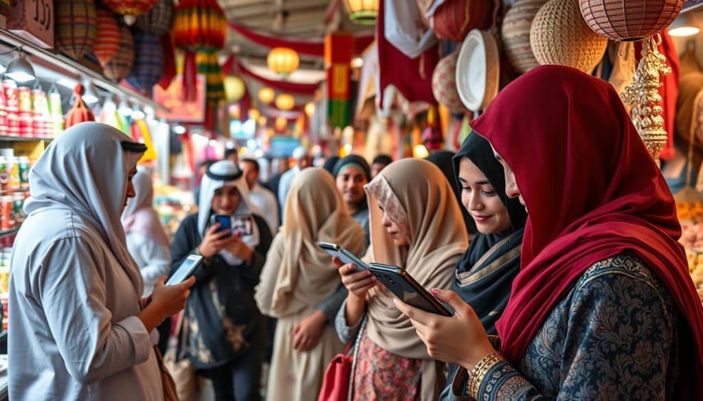 Generate an image of a Qatari marketplace with diverse people engaging on social media.