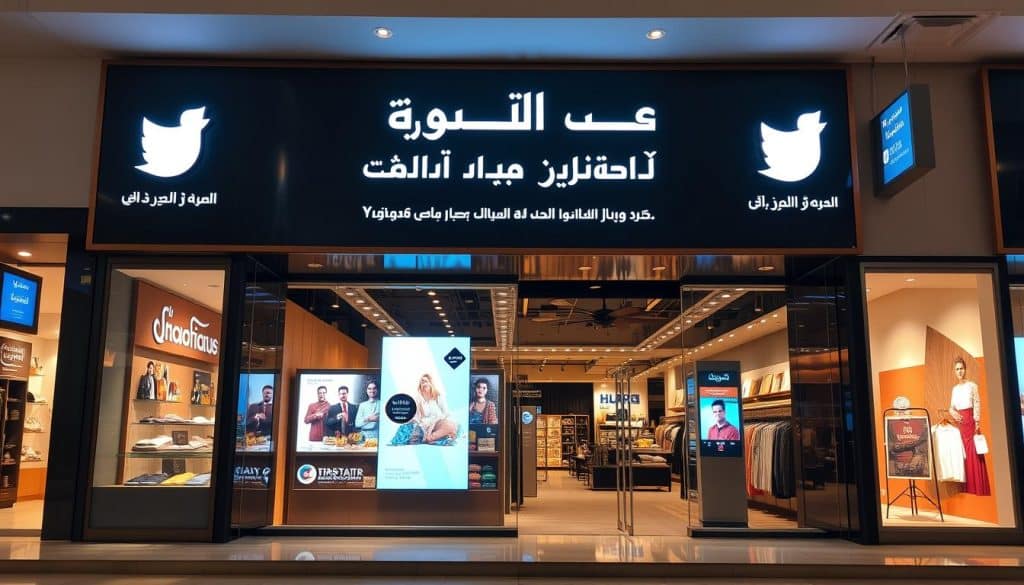 Generate an image of a Qatari retail storefront with a strong social media presence.
